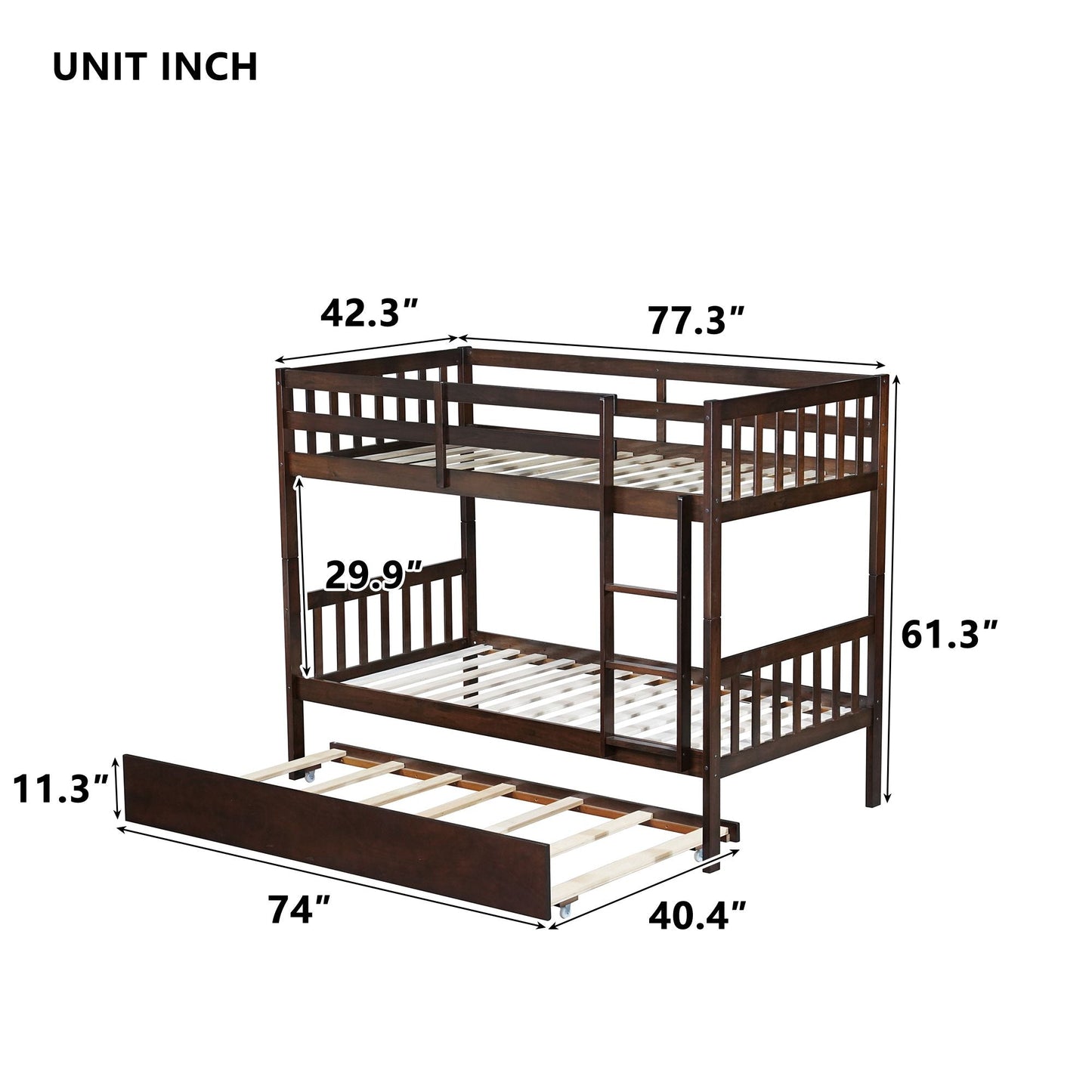 Convertible Twin Over Twin Rubber Wood Bunk Bed with Trundle, Ladder, and Guardrails, Espresso | Just Better Bunk Beds