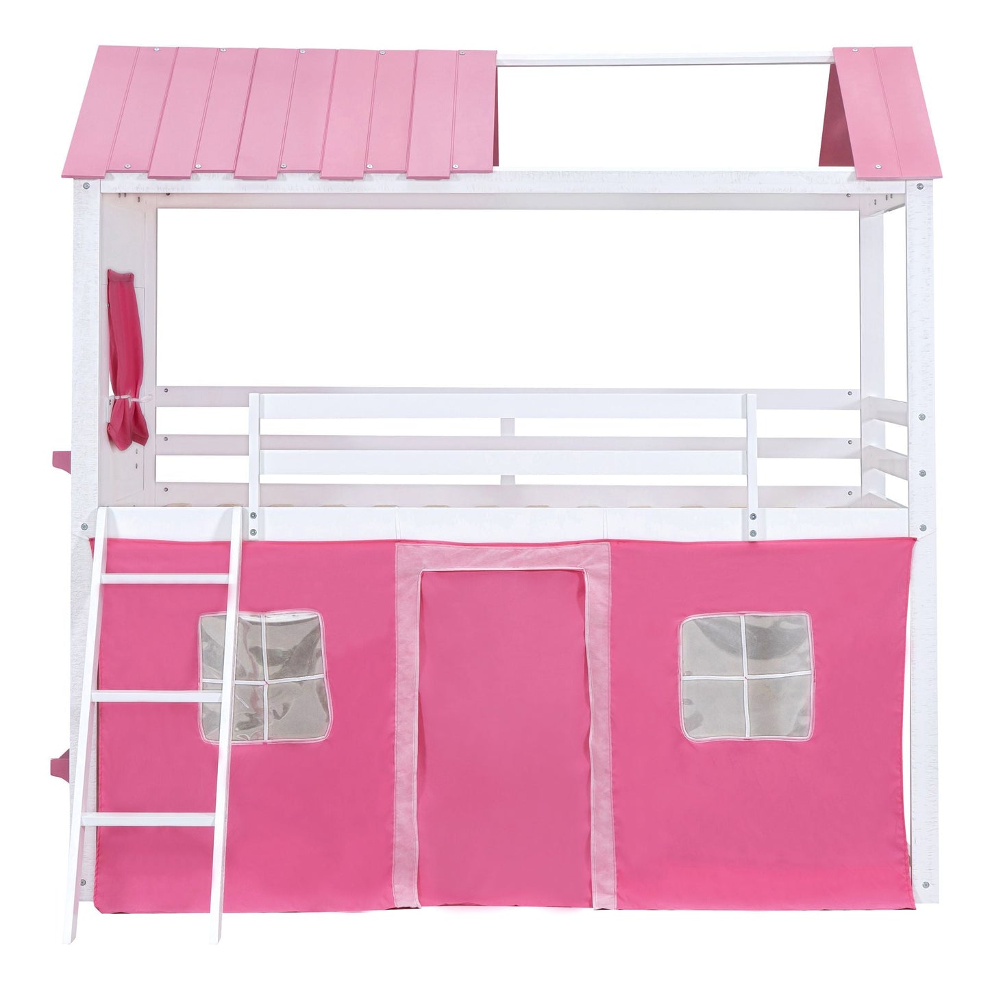 Kids Bedroom Twin Wood House-Style Bunk Bed with Elegant Windows, Sills and Tent, Pink and White | Just Better Bunk Beds