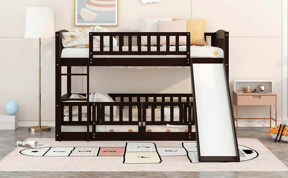 Safe Twin Over Twin Wood Low Bunk Bed with Slide, White with Fence and Ladder | Just Better Bunk Beds