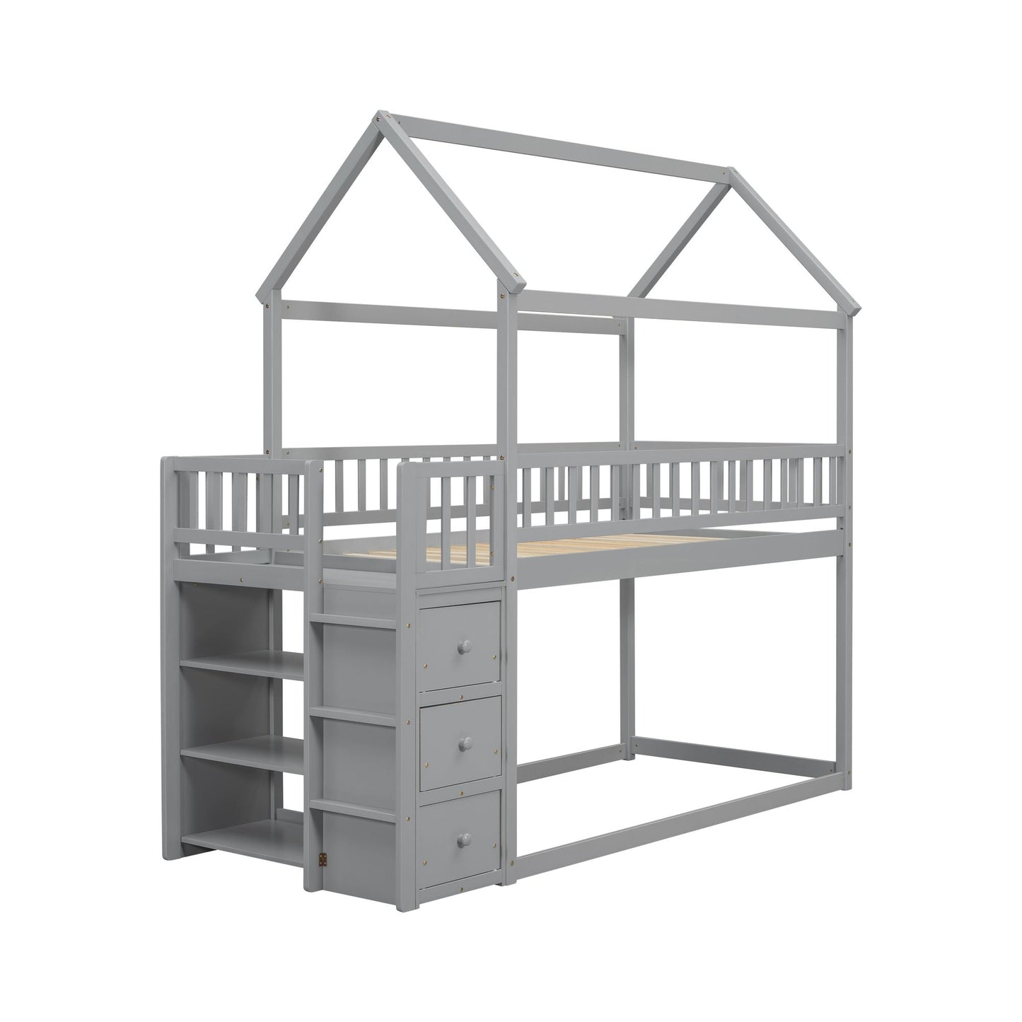 House-Style Twin Over Twin Wood Bunk Bed with Shelves and Drawers, Gray | Just Better Bunk Beds