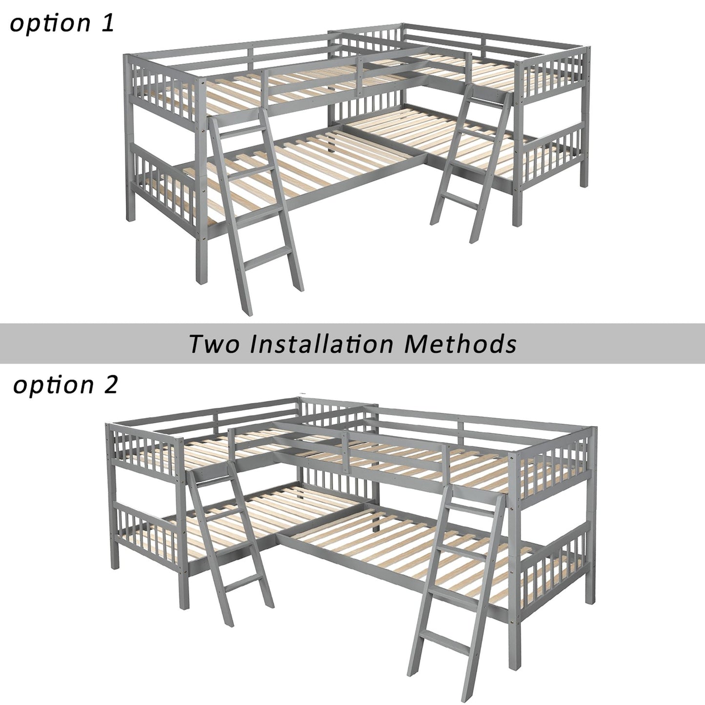 L-Shaped Bunk Bed with Ladder, Twin Size-Gray