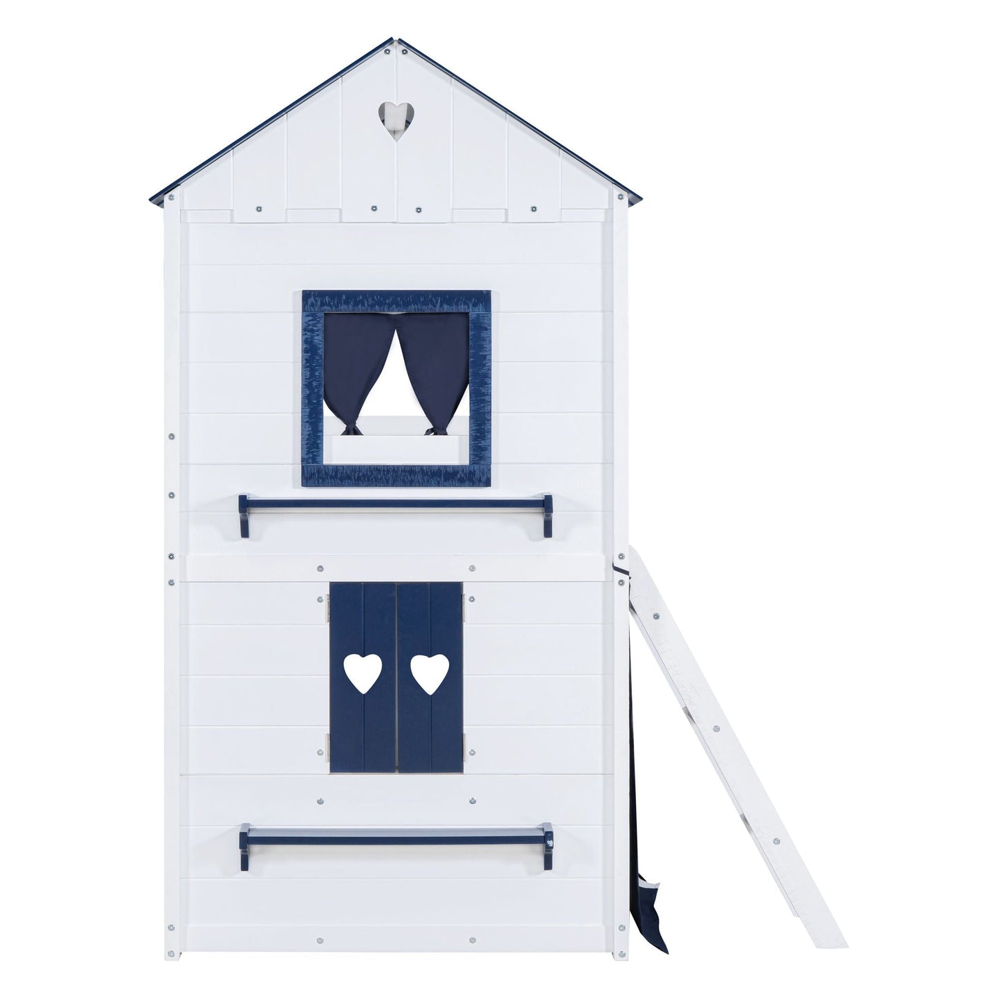House-Style Twin Wood Bunk Bed with Elegant Windows, Sills, Tent, Blue and White | Just Better Bunk Beds