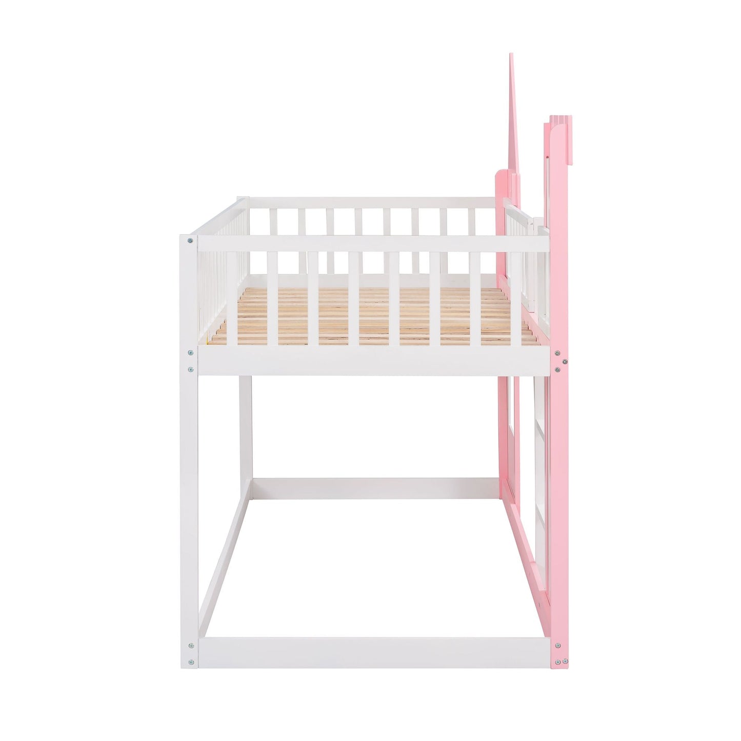 House-Style Twin Over Twin Wood Castle Bunk Bed with Ladder, Pink | Just Better Bunk Beds
