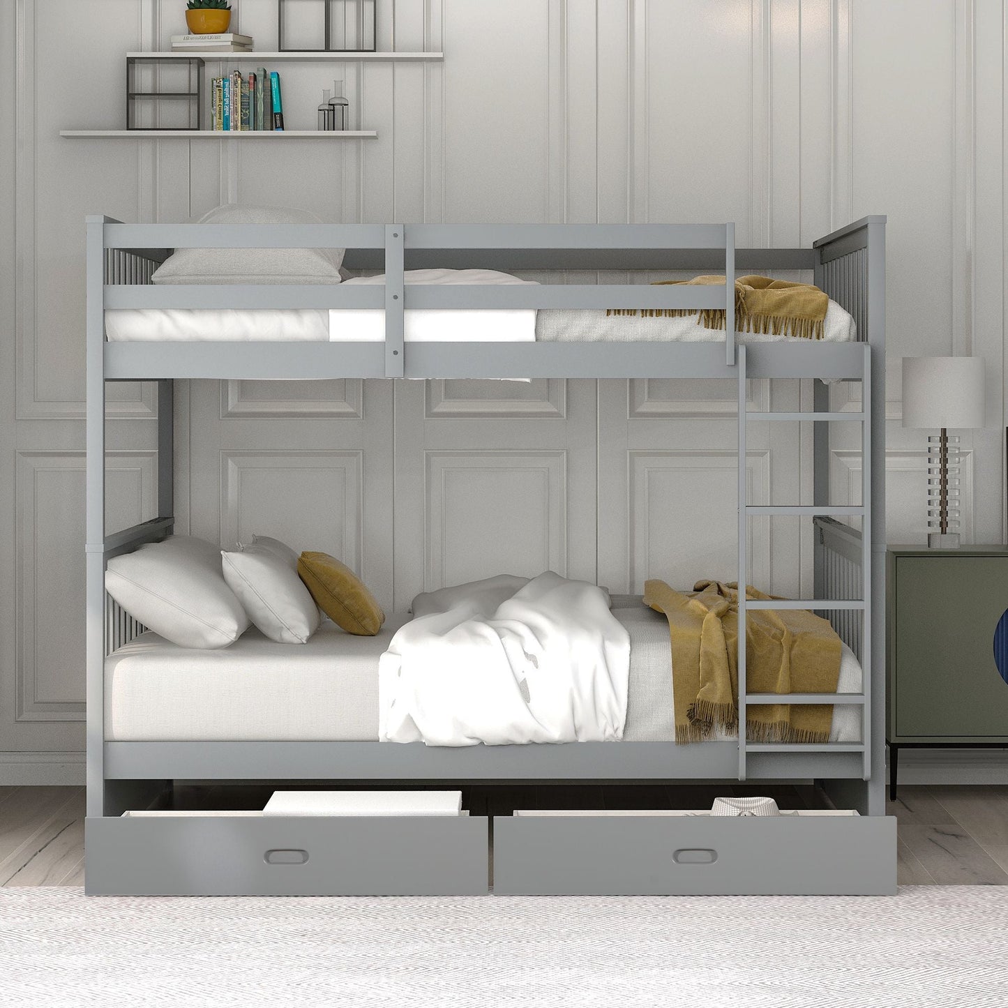 Storage-Enhanced Full Over Full Wood Bunk Bed with Ladders, Two Drawers, White | Just Better Bunk Beds