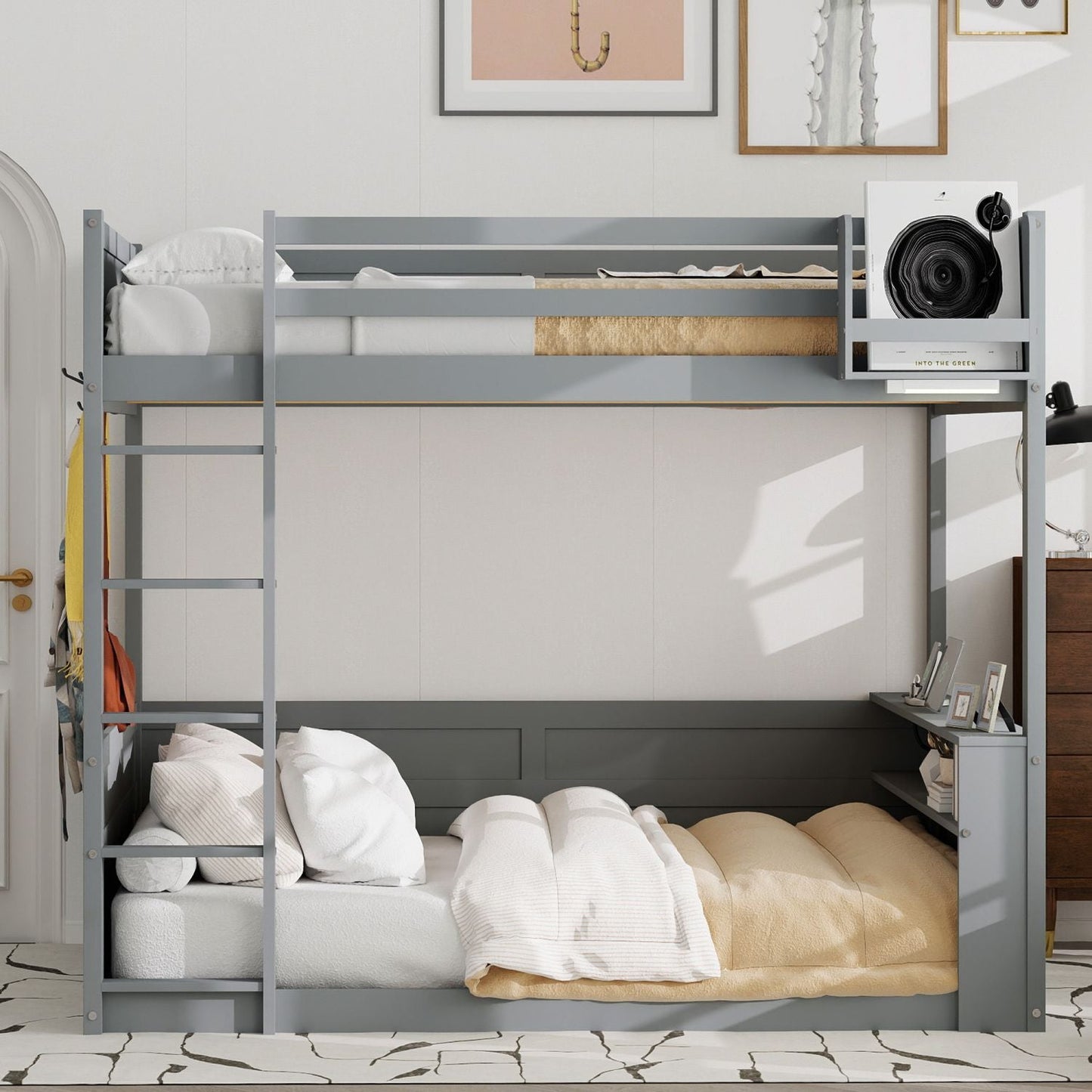 Kids Bedroom Queen Wood Bunk Bed with Built-in Shelves, Storage Box, LED Light, USB Charging, Gray | Just Better Bunk Beds