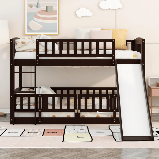 Safe Twin Over Twin Wood Low Bunk Bed with Slide, White with Fence and Ladder | Just Better Bunk Beds