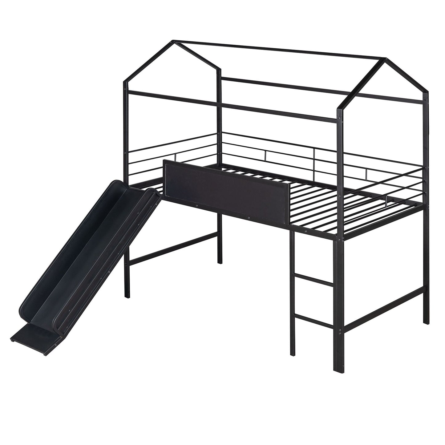 Metal House Bed With Slide,  Twin Size Metal Loft Bed with Two-sided writable Wooden Board (Black )