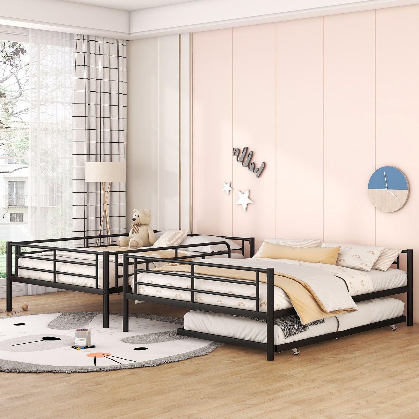 Space-Saving Full XL Over Queen Metal Bunk Bed with Trundle, Black | Just Better Bunk Beds