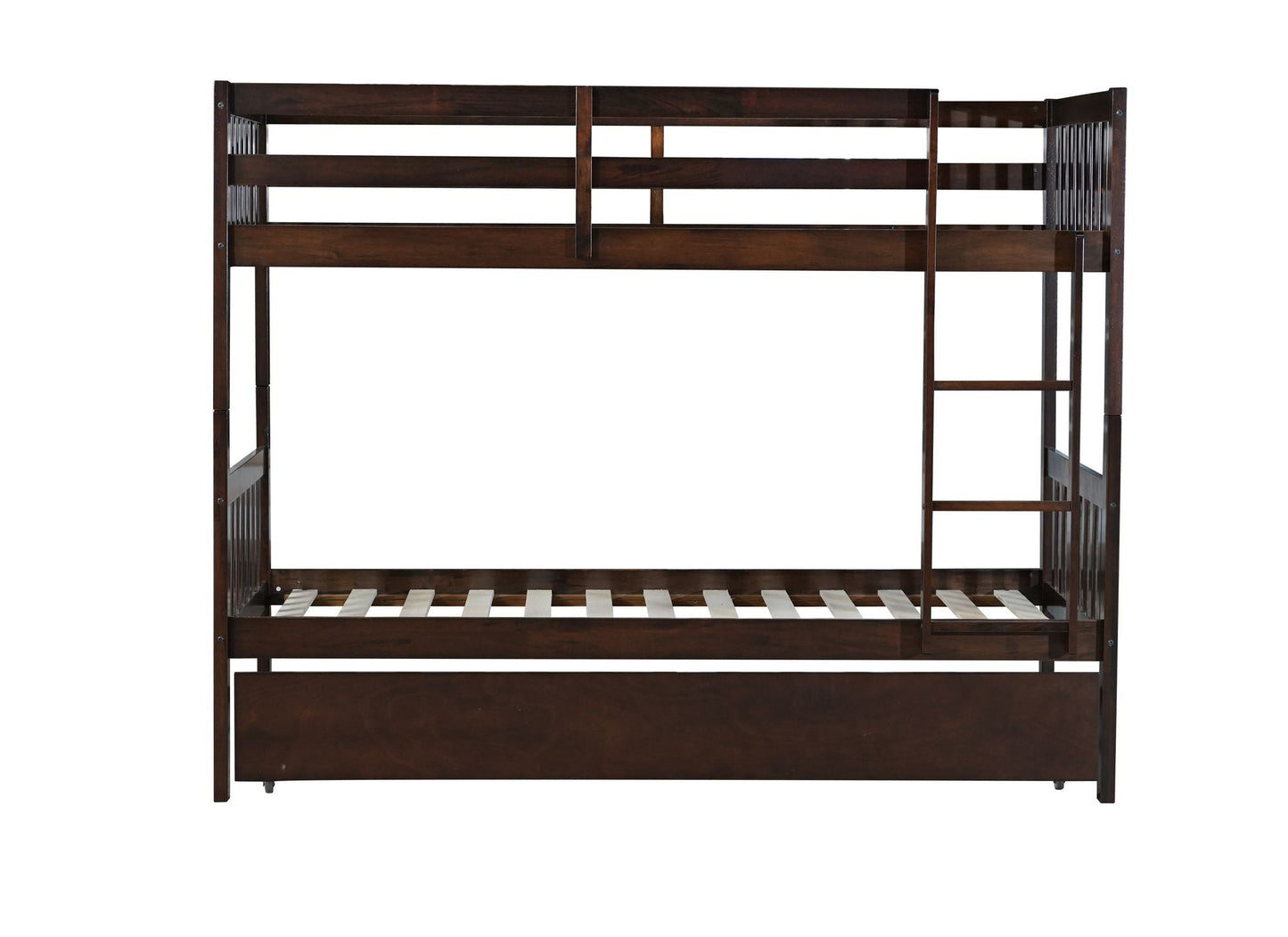 Convertible Twin Over Twin Rubber Wood Bunk Bed with Trundle, Ladder, and Guardrails, Espresso | Just Better Bunk Beds