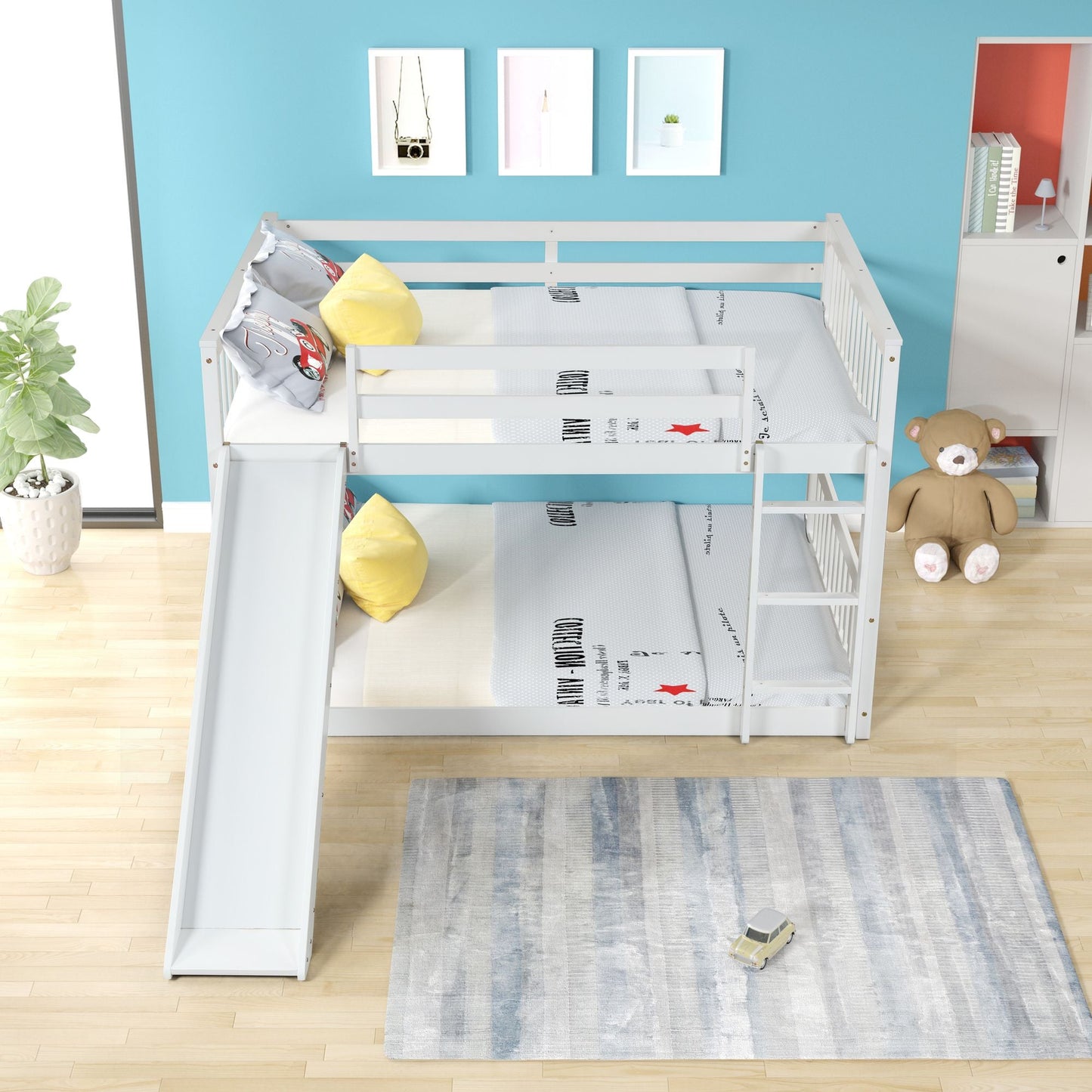 Space-Saving Full Over Full Wood Bunk Bed with Slide and Safety Guardrails, White | Just Better Bunk Beds