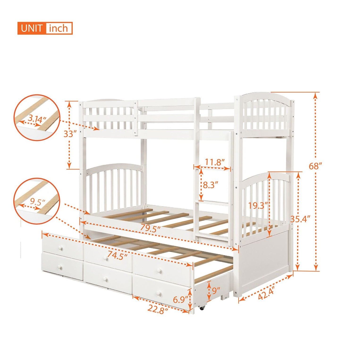Kids Bedroom Twin Wood Bunk Bed with Trundle and Drawers, White | Just Better Bunk Beds