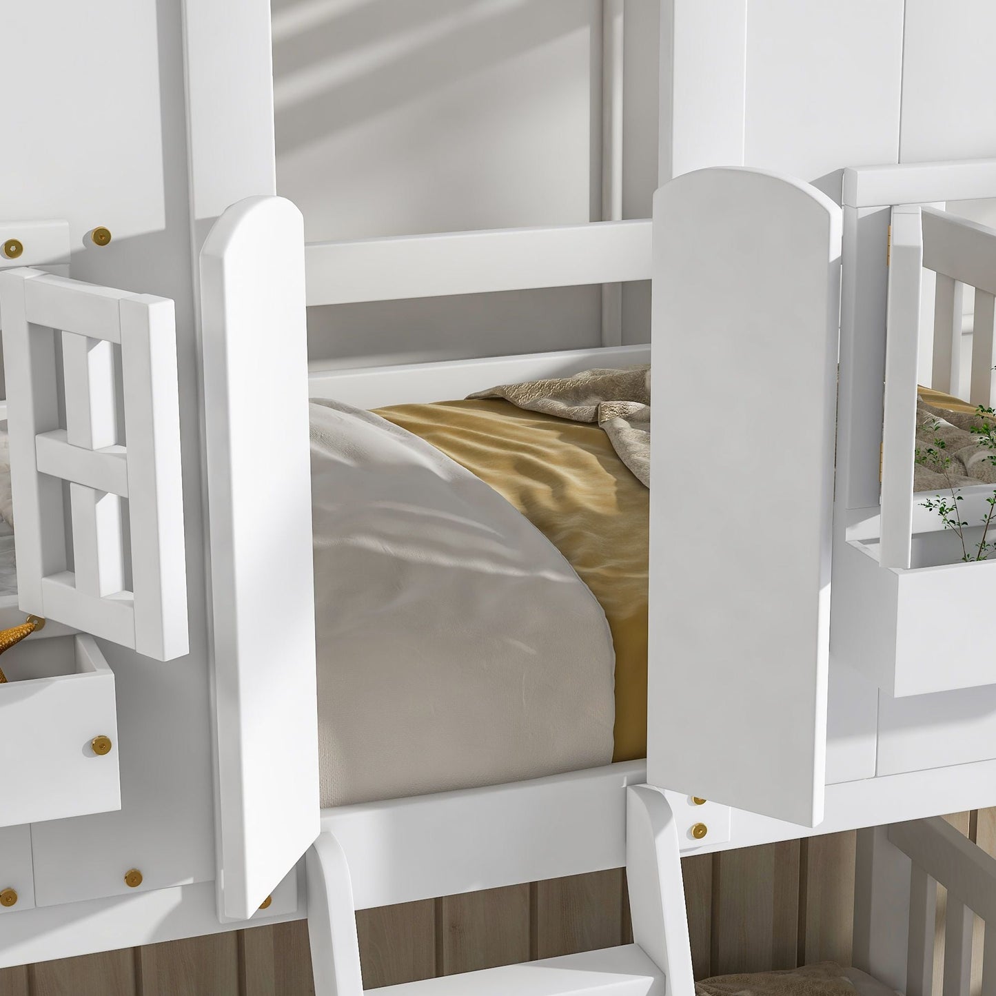 House-Style Twin Over Twin Wood Bunk Bed with Roof, Window, Door, and Ladder, Multiple Colors | Just Better Bunk Beds