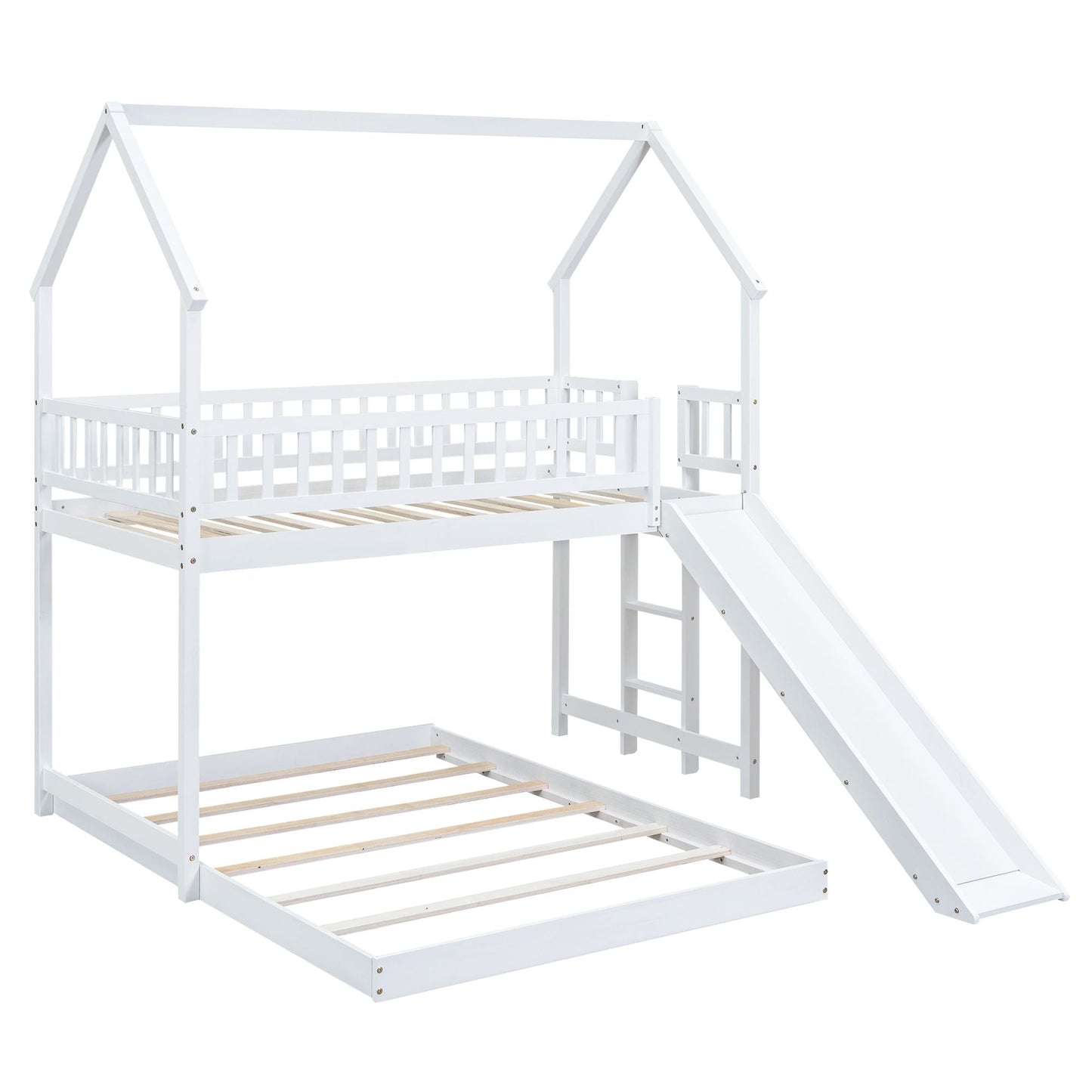 Twin over Full House Bunk Bed with Slide and Built-in Ladder,  Full-Length Guardrail