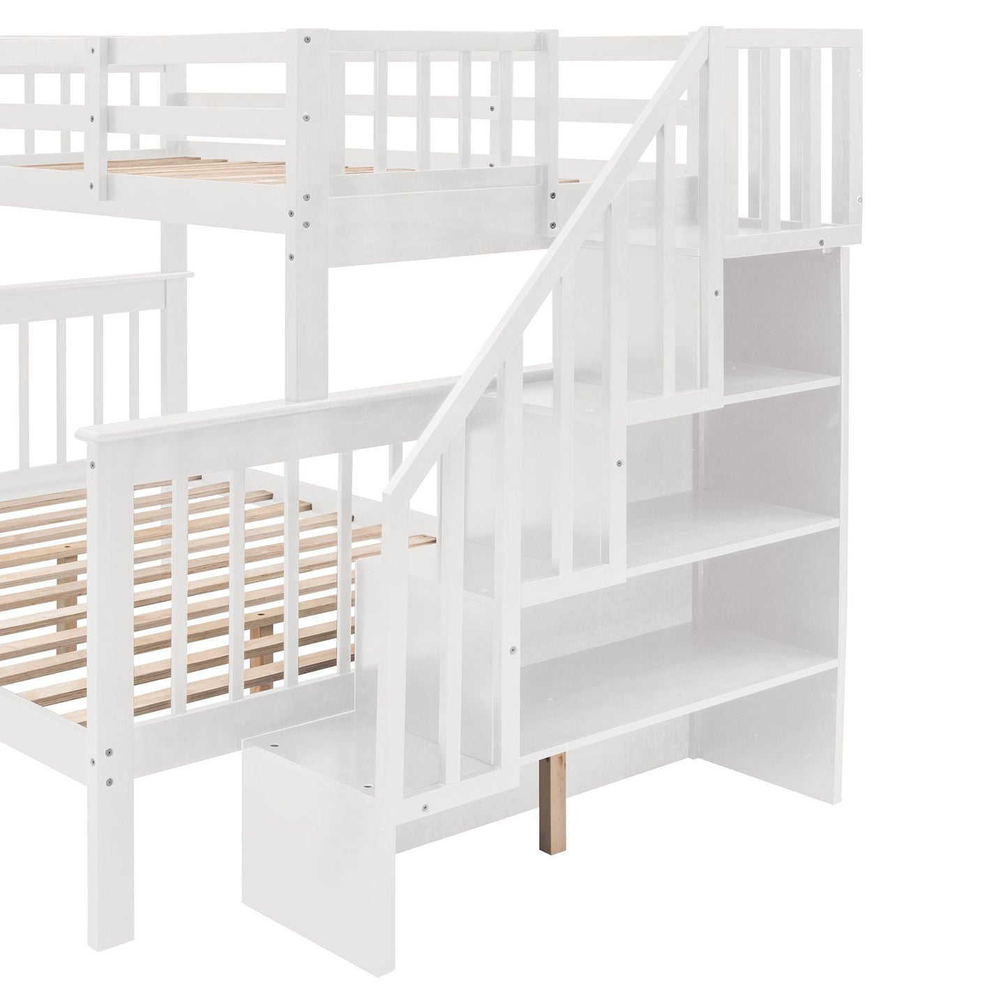 Staircase Storage Twin Over Full Wood Bunk Bed with Drawer and Guard Rail, Espresso, Gray, White | Just Better Bunk Beds