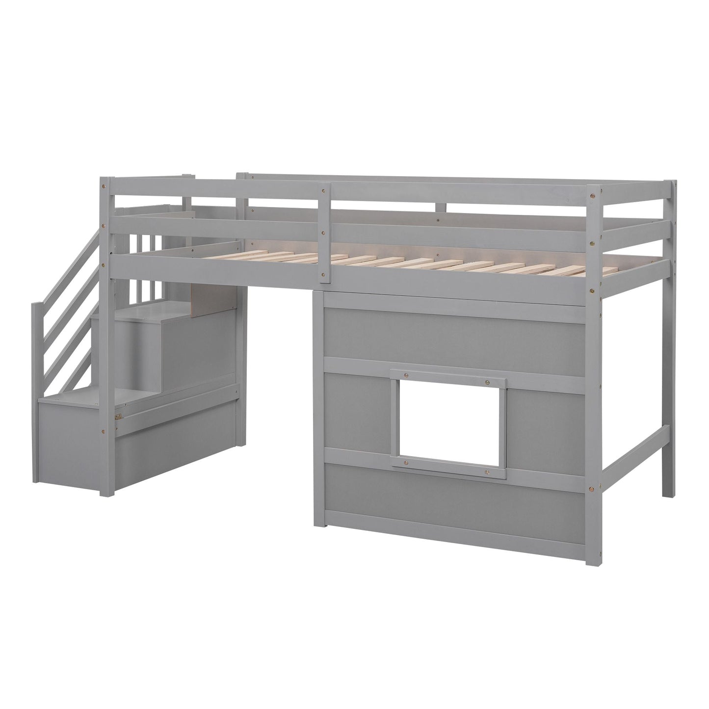Space-Saving Twin Loft Wood Bed with Storage Staircase and Window, White | Just Better Bunk Beds