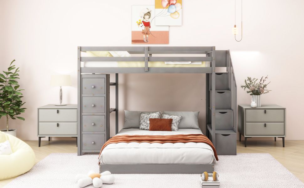 Staircase Storage Twin Over Full Wood Bunk Bed with Shelves and Drawers, Gray | Just Better Bunk Beds