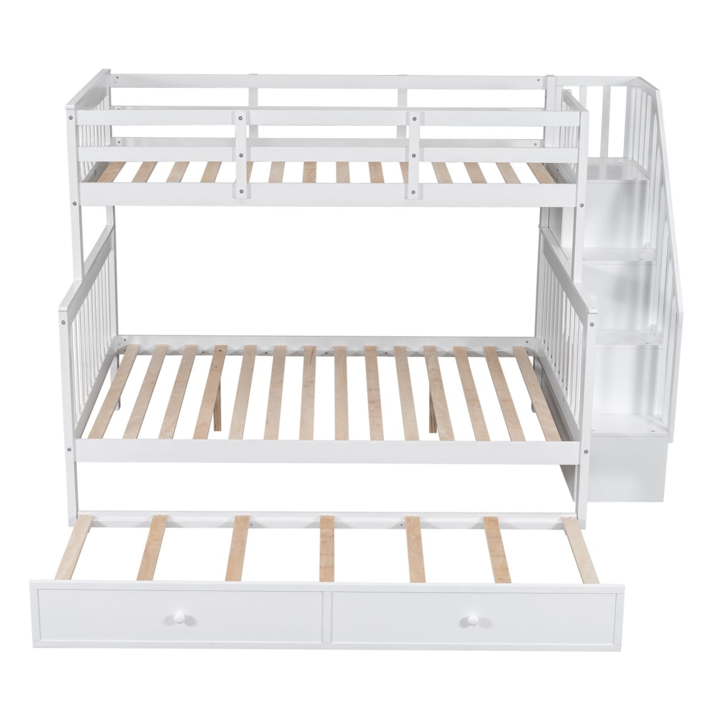 Staircase Storage Twin Over Full Wood Bunk Bed with Trundle, Storage, and Guard Rail, White | Just Better Bunk Beds