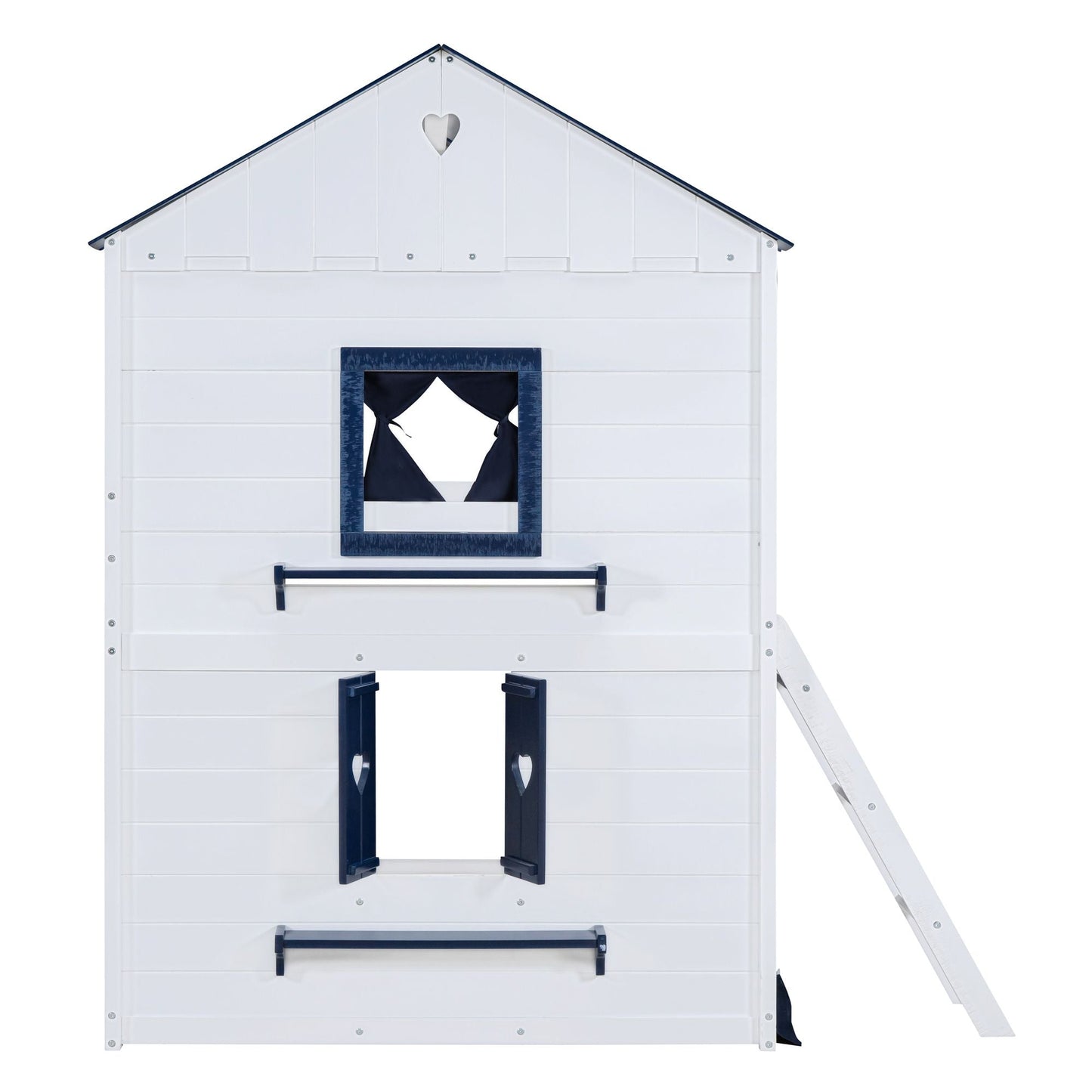 Kids Bedroom Full Wood House-Style Bunk Bed with Windows and Tent, Blue White | Just Better Bunk Beds