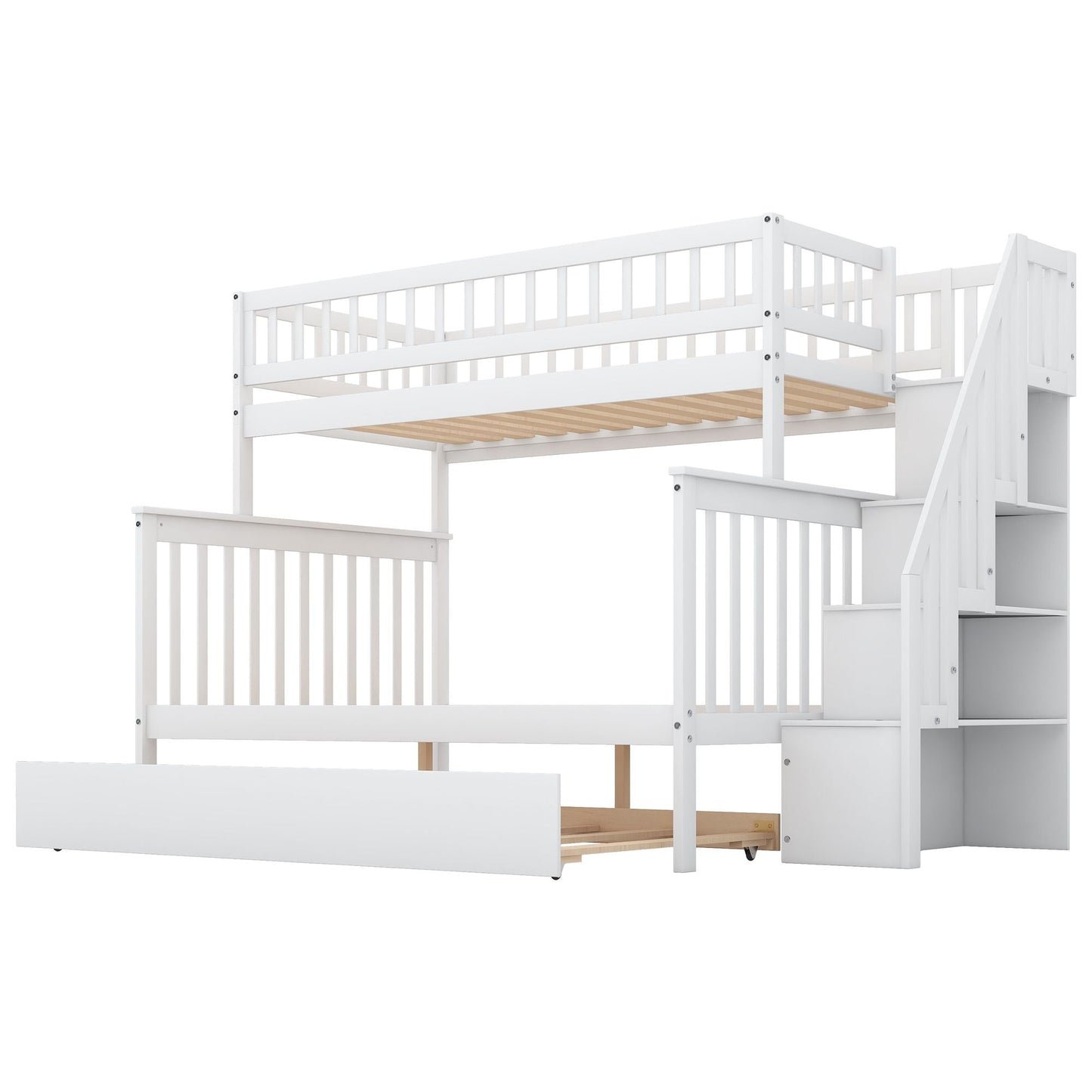 Shared Room Solution Twin Over Full Wood Bunk Bed with Trundle and Staircase, White | Just Better Bunk Beds