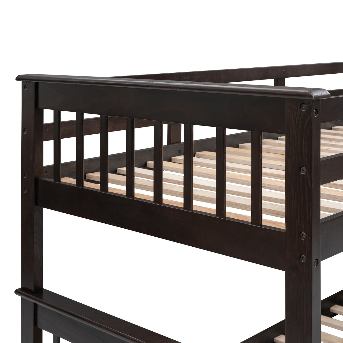 Staircase Storage Twin Over Full Wood Bunk Bed with Drawer and Guard Rail, Espresso, Gray, White | Just Better Bunk Beds