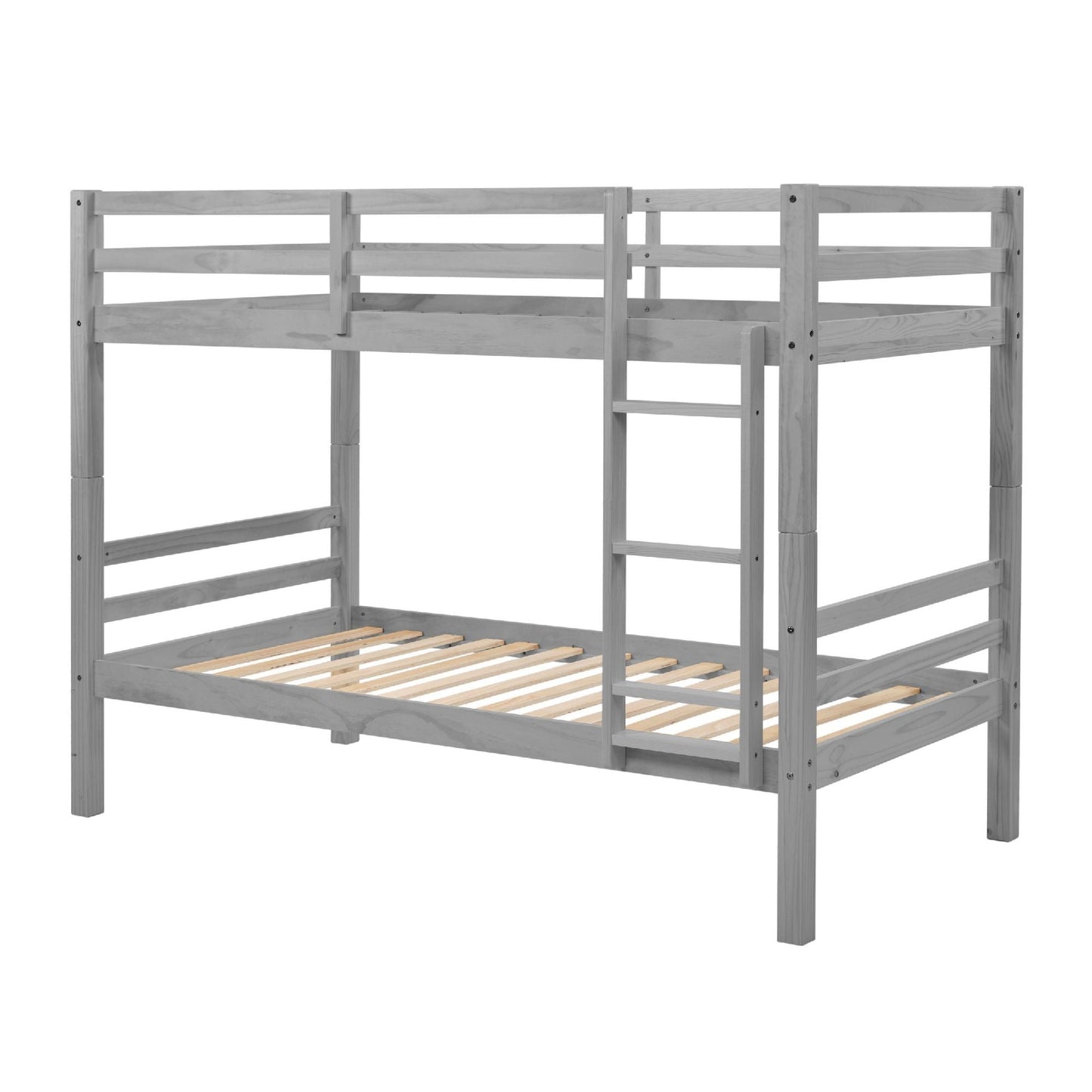Heavy-Duty Twin Over Twin Wood Bunk Bed, Gray with Thick Posts, Ladder, and High Guardrail | Just Better Bunk Beds