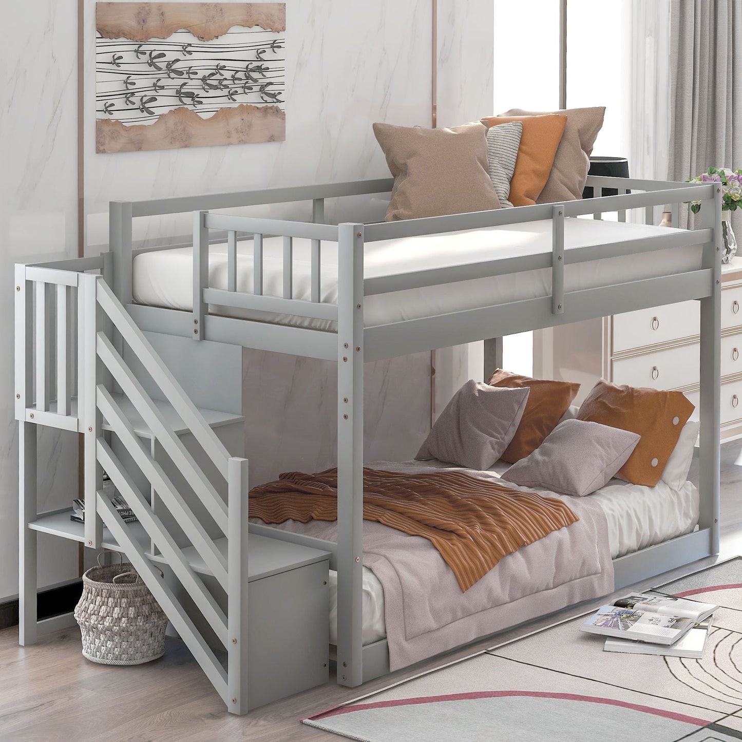 Floor-Level Twin Over Twin Wood Bunk Bed with Ladder and Storage, White | Just Better Bunk Beds