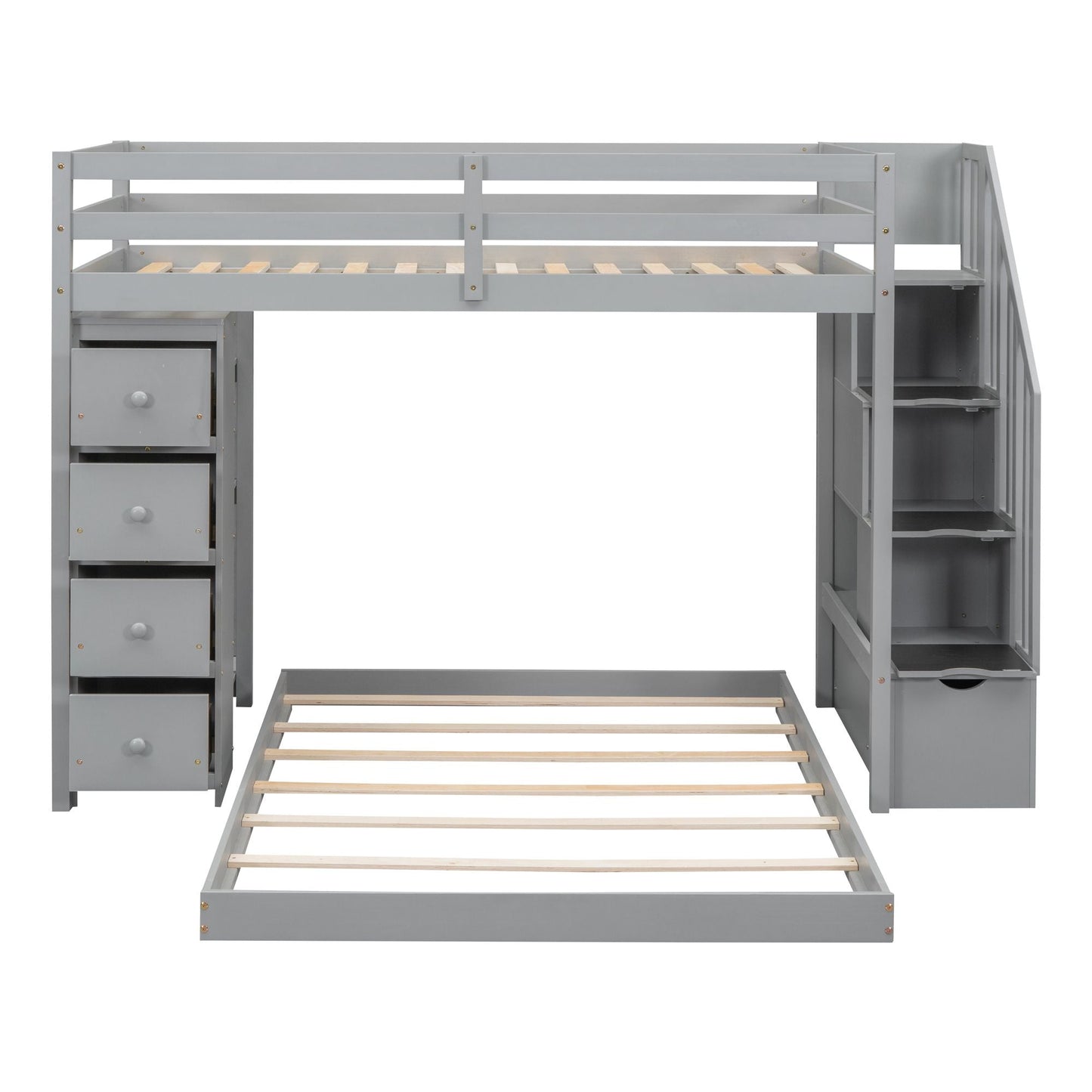 Staircase Storage Twin Over Full Wood Bunk Bed with Shelves and Drawers, Gray | Just Better Bunk Beds