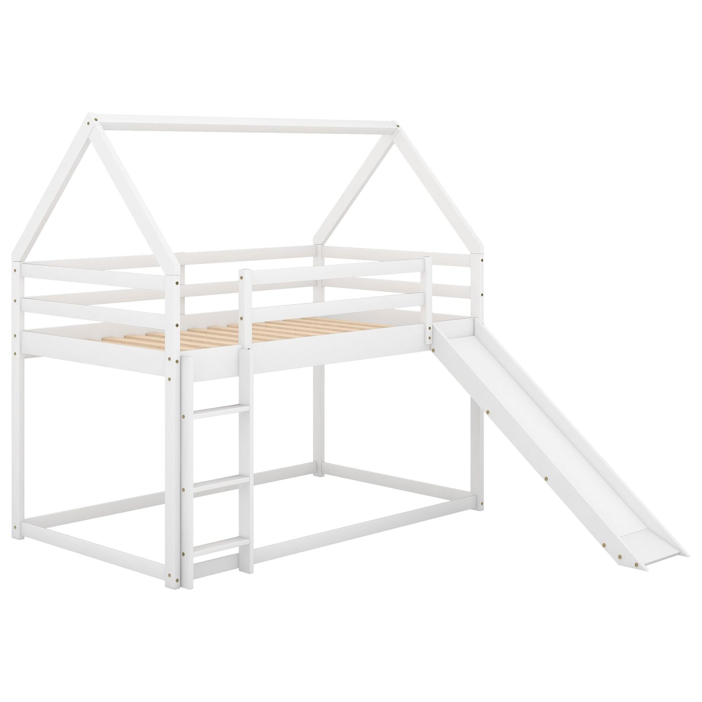 Kids Bedroom Twin Wood Bunk House Bed with Slide and Ladder, White | Just Better Bunk Beds