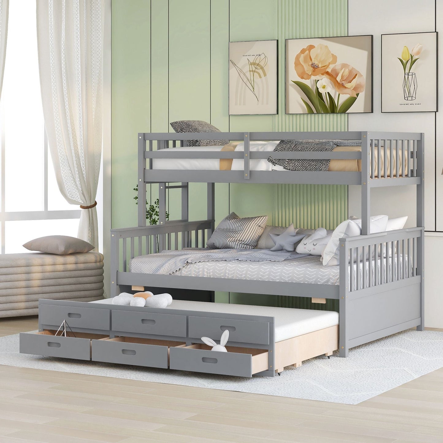 Space-Saving Twin Over Full Wood Bunk Bed with Twin Trundle and Drawers, Gray | Just Better Bunk Beds