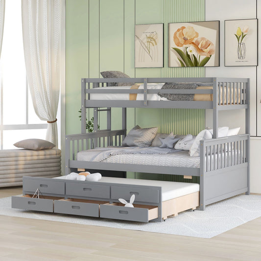 Space-Saving Twin Over Full Wood Bunk Bed with Twin Trundle and Drawers, Gray | Just Better Bunk Beds
