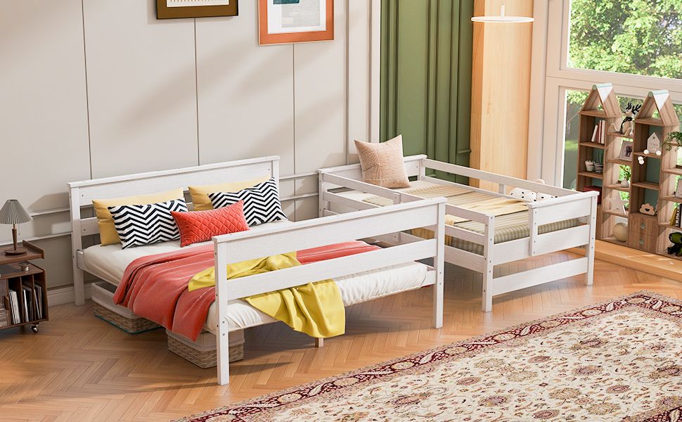 Shared Room Solution Twin XL Over Queen Wood Bunk Bed with Ladder, White | Just Better Bunk Beds