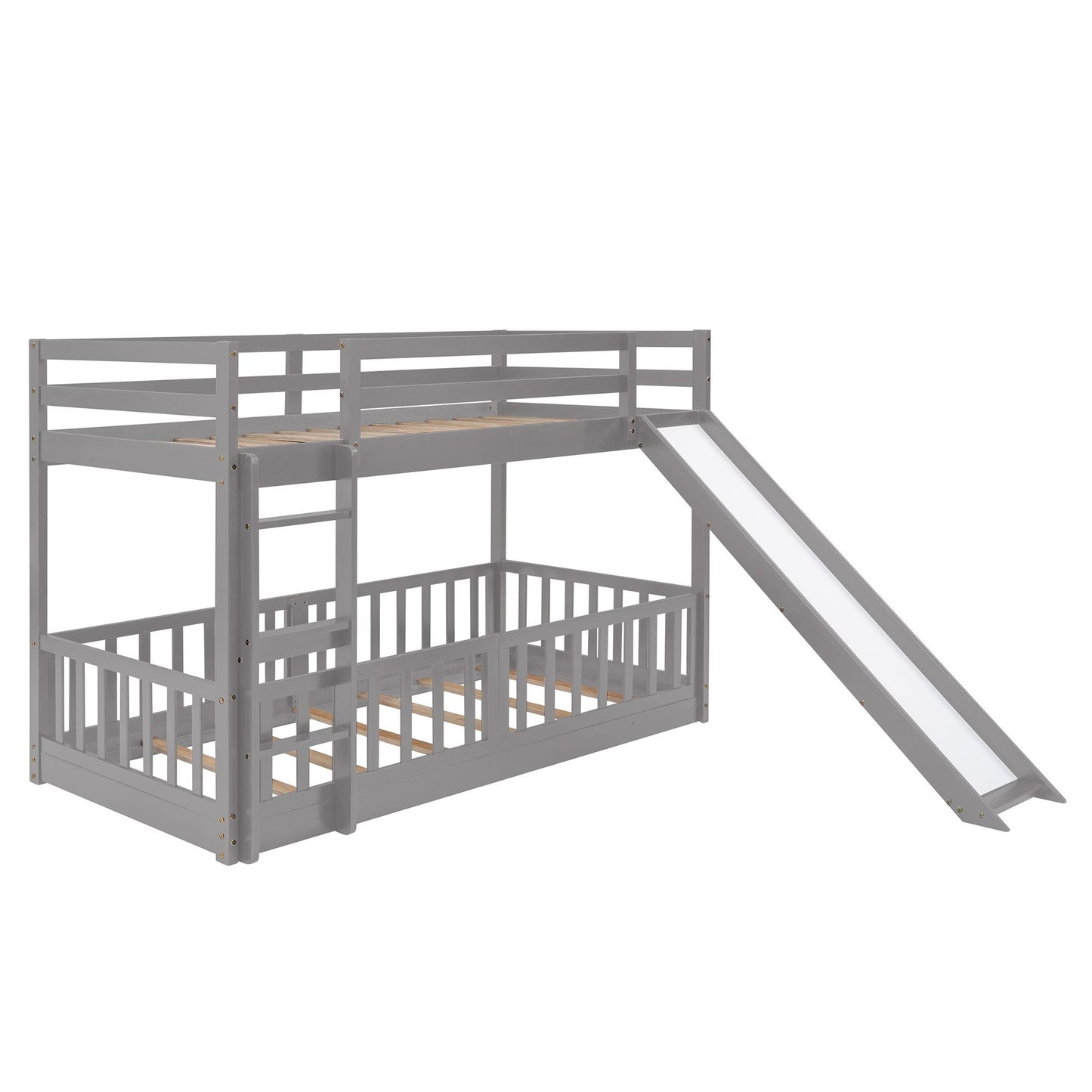 Kids Bedroom Twin Over Twin Wood Bunk Bed with Slide and Ladder, White | Just Better Bunk Beds