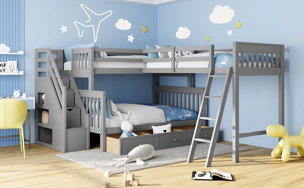 L-Shaped Twin Over Full Wood Bunk Bed with Drawers, Ladder and Staircase, Gray | Just Better Bunk Beds