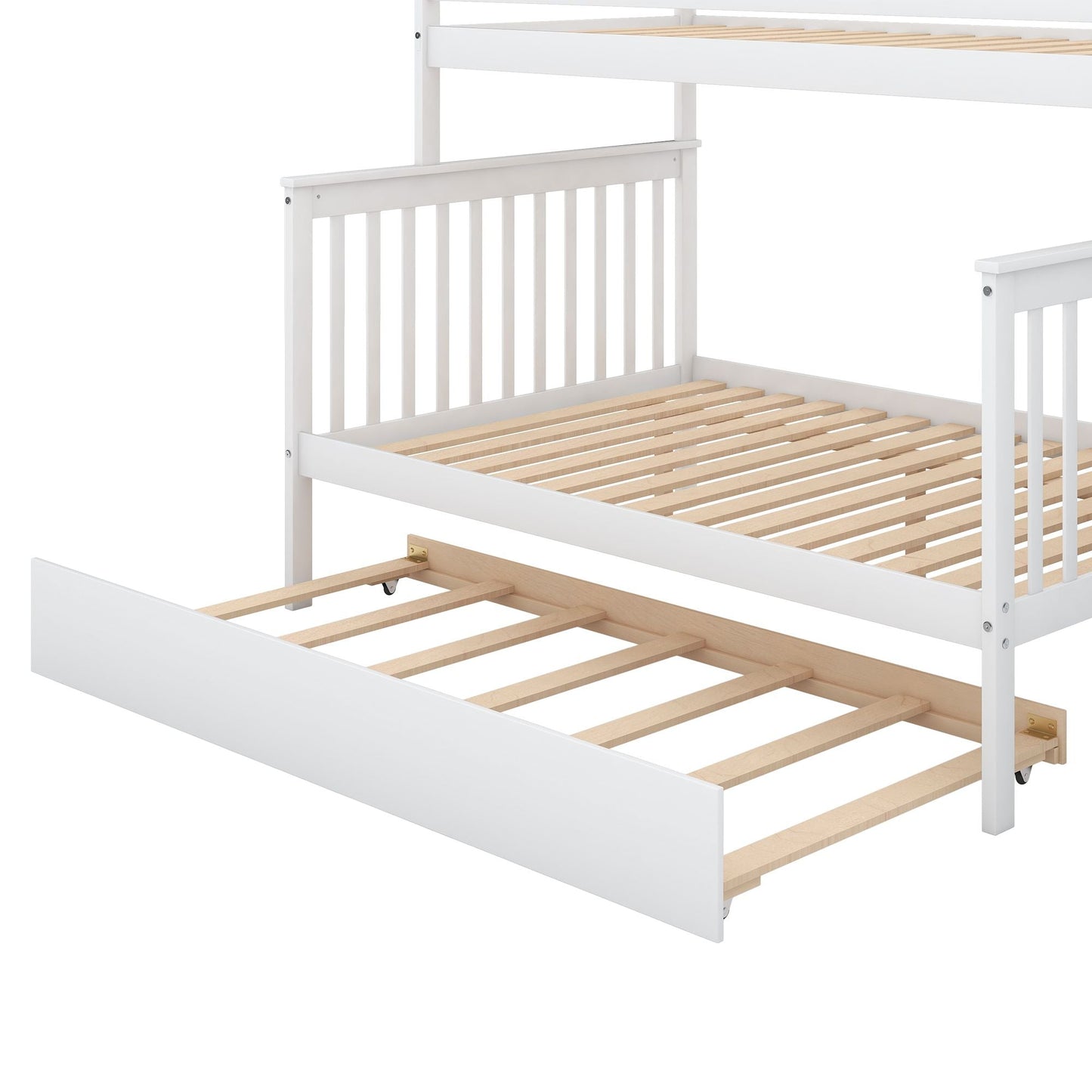 Shared Room Solution Twin Over Full Wood Bunk Bed with Trundle and Staircase, White | Just Better Bunk Beds