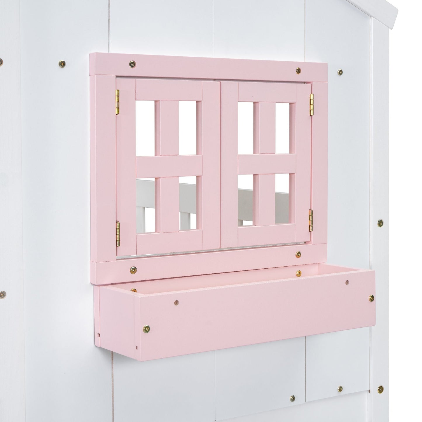 House-Style Twin Over Twin Wood Bunk Bed with Roof, Window, Door, and Ladder, Multiple Colors | Just Better Bunk Beds