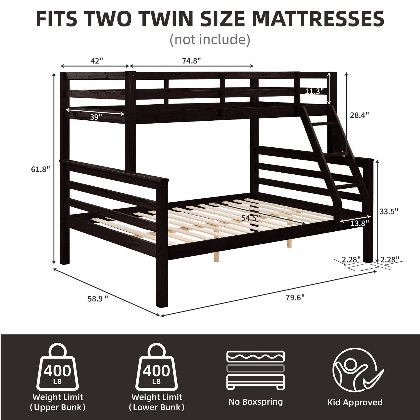 Durable Twin Over Full Wood Bunk Bed with Thick Posts, High Guardrail, Ladder, Espresso | Just Better Bunk Beds