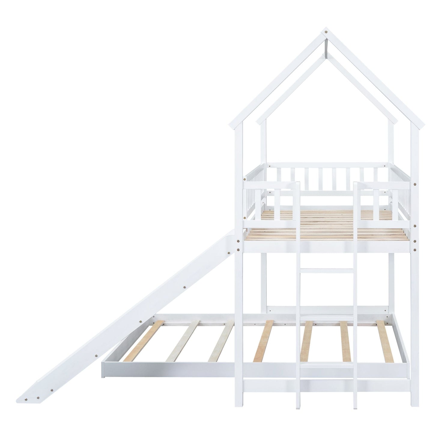 Twin over Full House Bunk Bed with Slide and Built-in Ladder,  Full-Length Guardrail