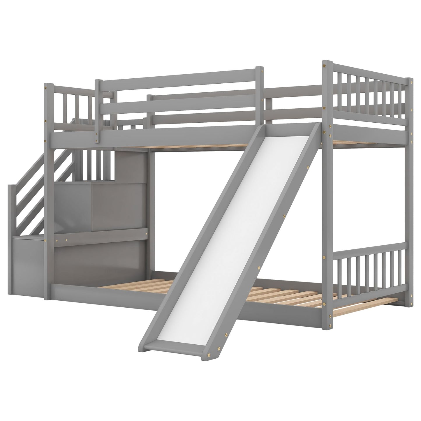Convertible Twin Over Twin Wood Bunk Bed with Slide and Stairway, White | Just Better Bunk Beds