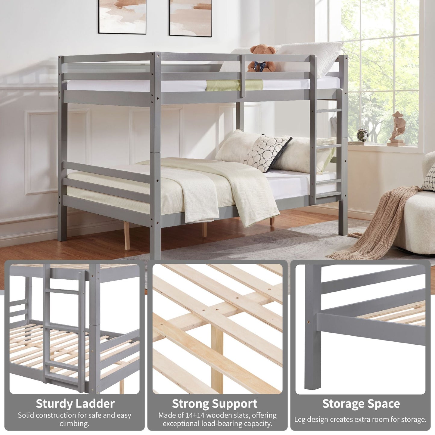 Durable Full Over Full Wood Bunk Bed with Thick Posts, High Guardrail, Ladder, Gray | Just Better Bunk Beds