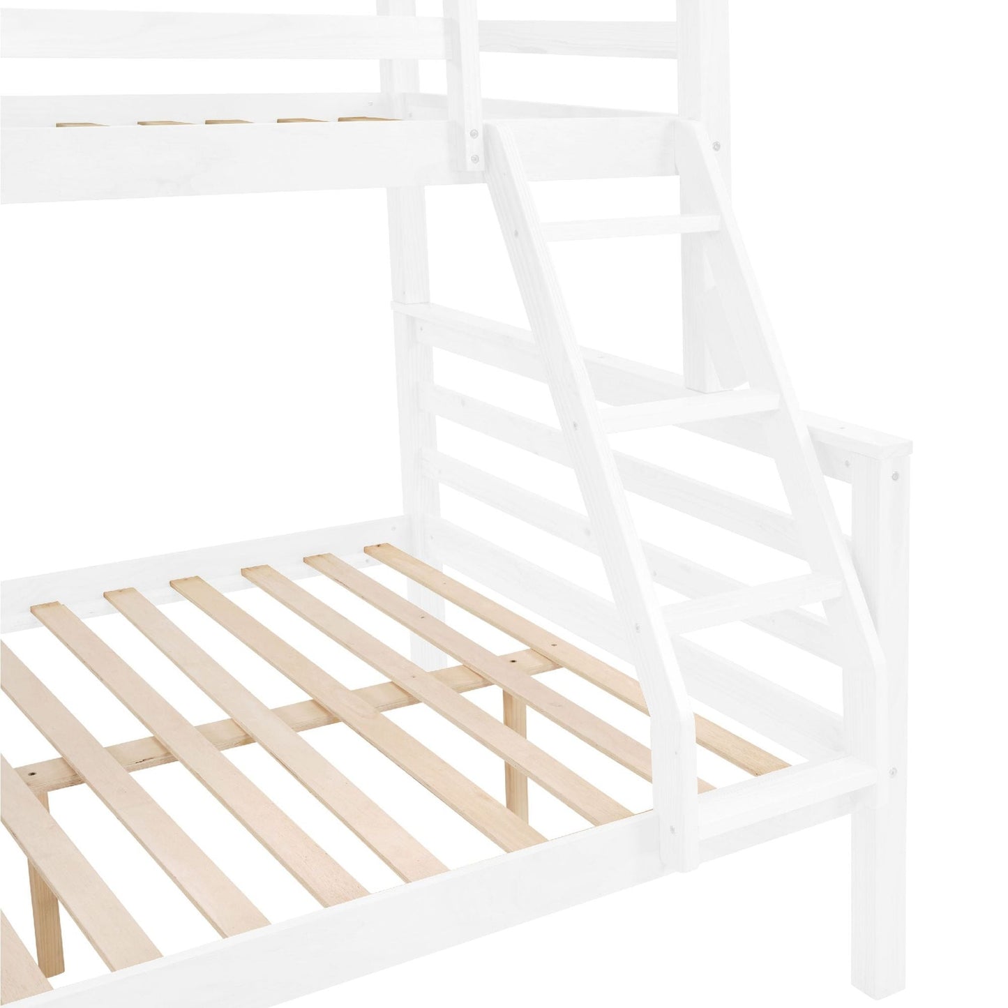 Kids Bedroom Twin Over Full Wood Bunk Bed with Thick Posts, High Guardrail, Ladder, White | Just Better Bunk Beds