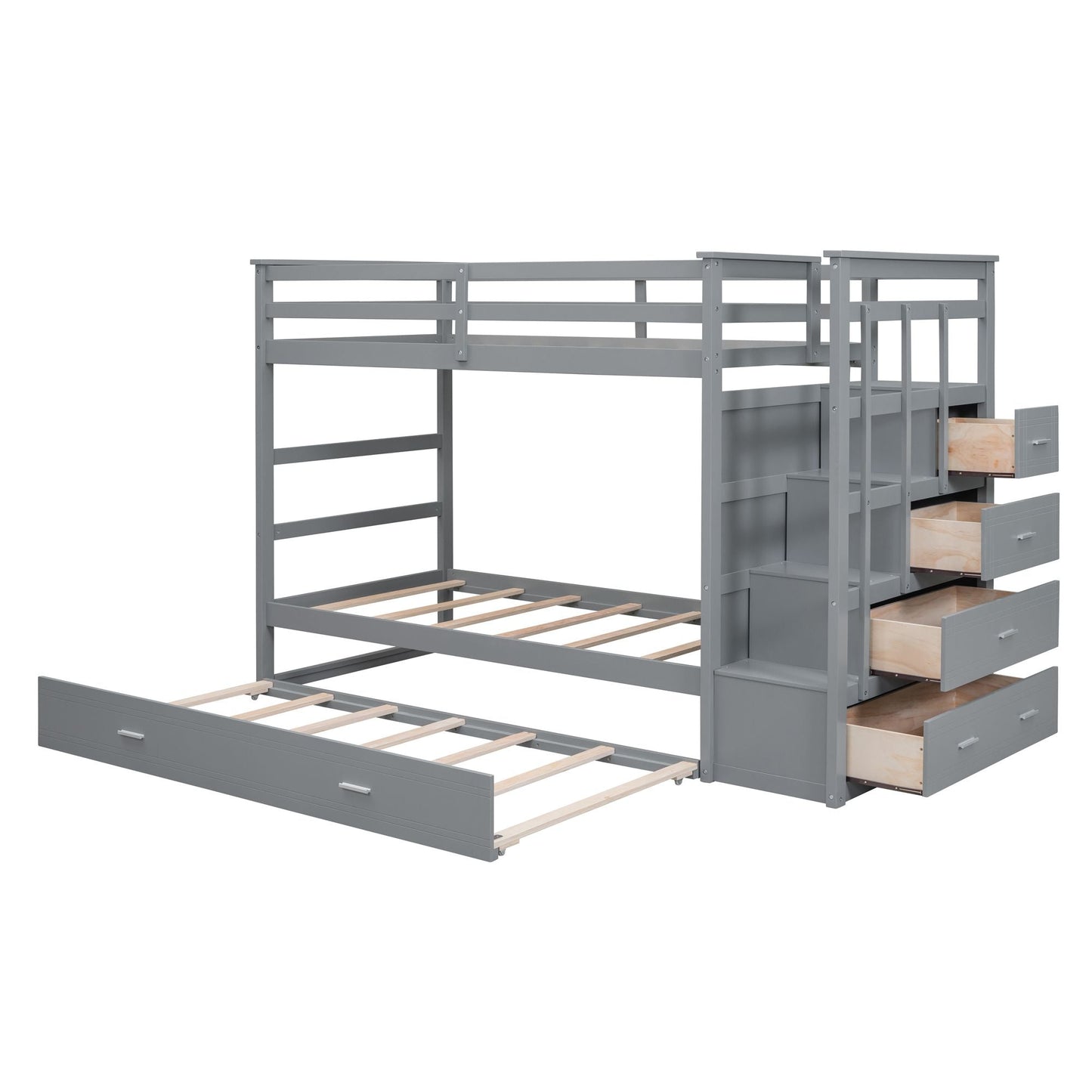Staircase Storage Twin Over Twin Wood Bunk Bed with Trundle, Gray | Just Better Bunk Beds
