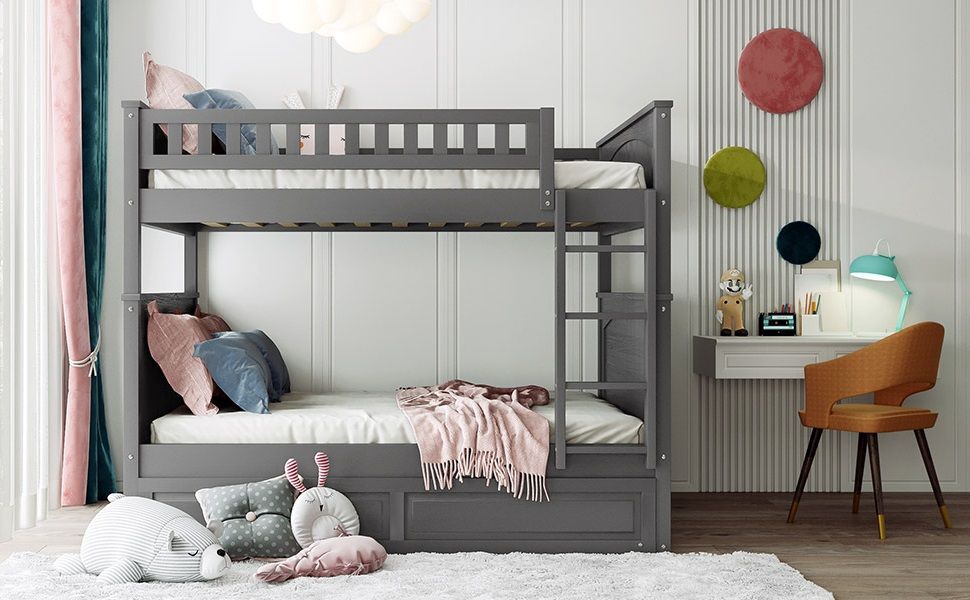 Shared Room Solution Full Over Full Pine Wood Bunk Bed with Twin Trundle and Guardrails, Brushed Gray | Just Better Bunk Beds