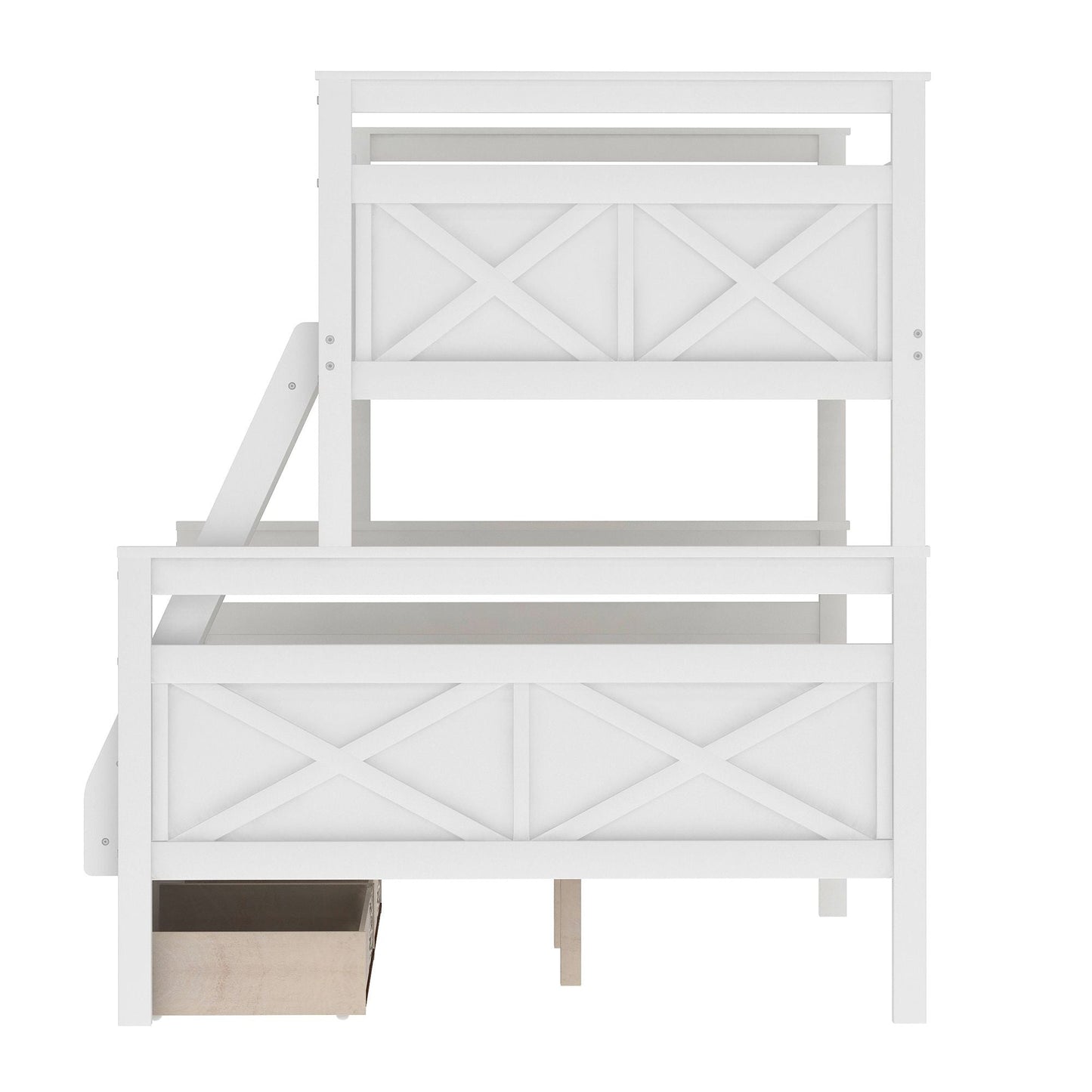 Twin over Full Bunk Bed with Ladder,  Two Storage Drawers,  Safety Guardrail,  White