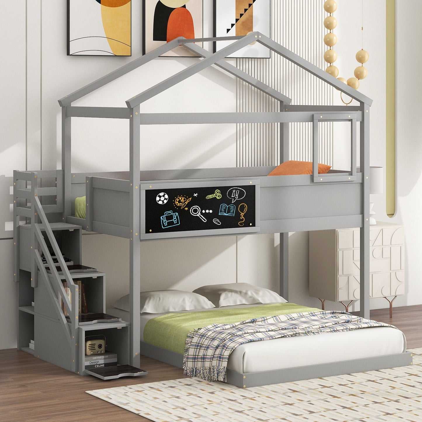 Staircase Storage Twin Over Full Wood House Bunk Bed with Blackboard, Gray and White | Just Better Bunk Beds