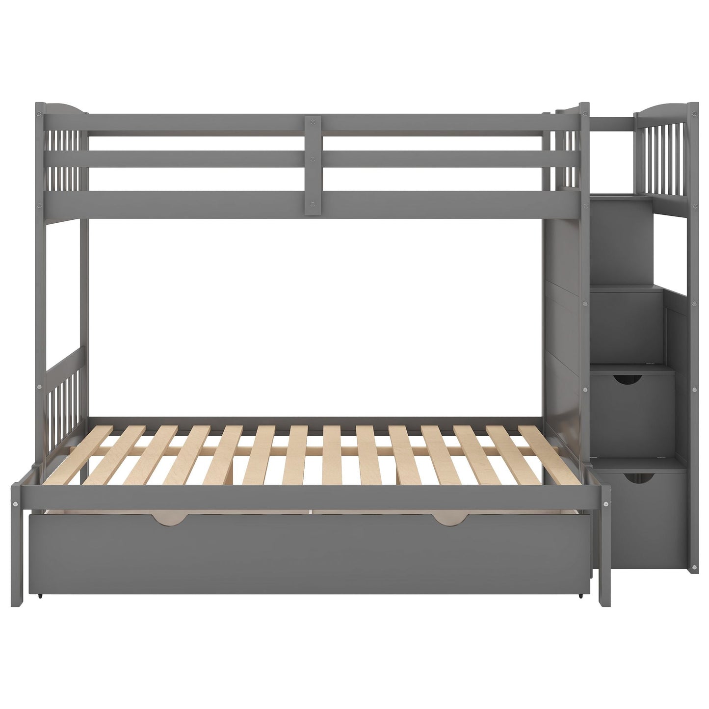 Convertible Twin Over Full/Twin Wood Bunk Bed with Storage Shelves and Drawers, Gray | Just Better Bunk Beds