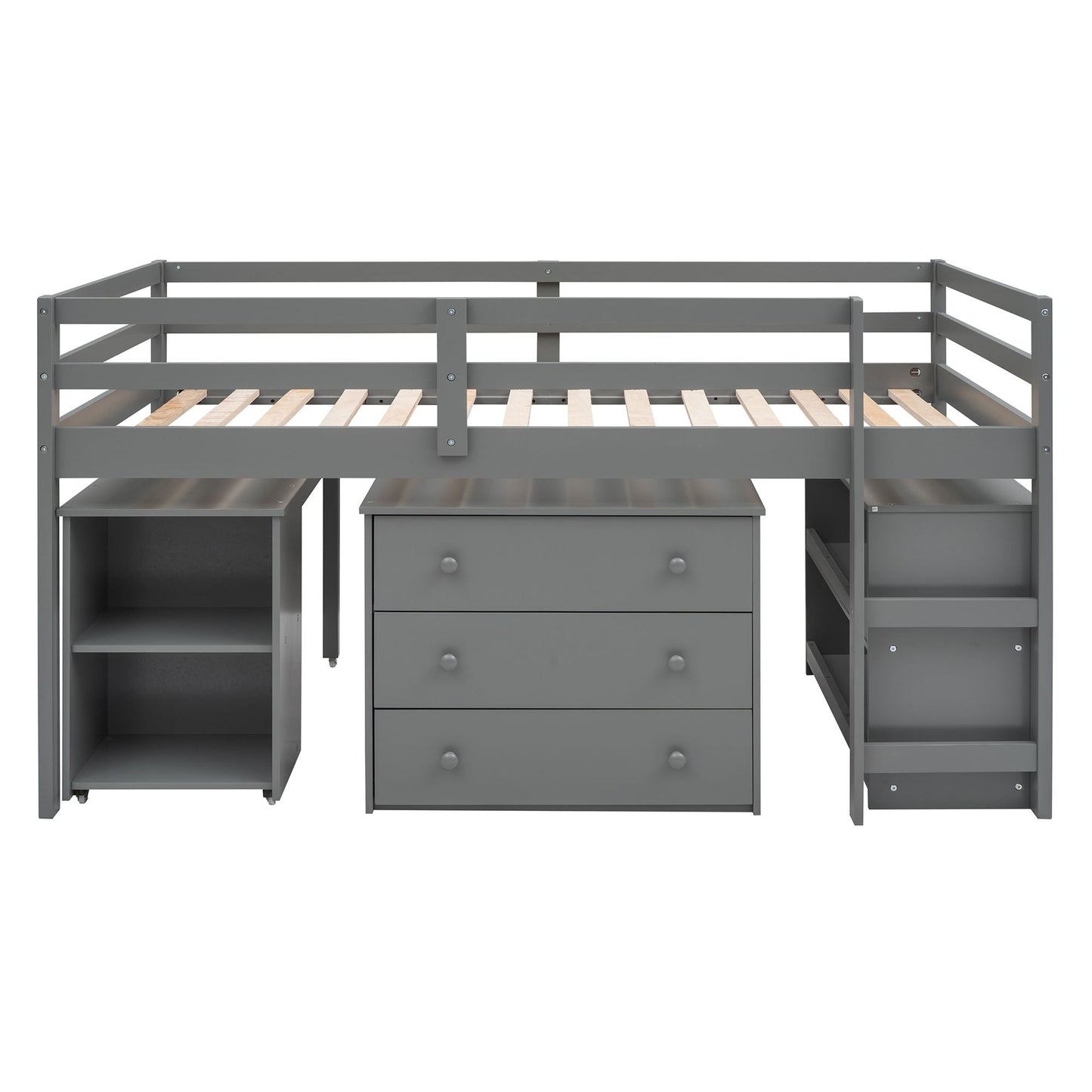 Kids Bedroom Twin Wood Loft Bed with Cabinet and Rolling Desk, White | Just Better Bunk Beds