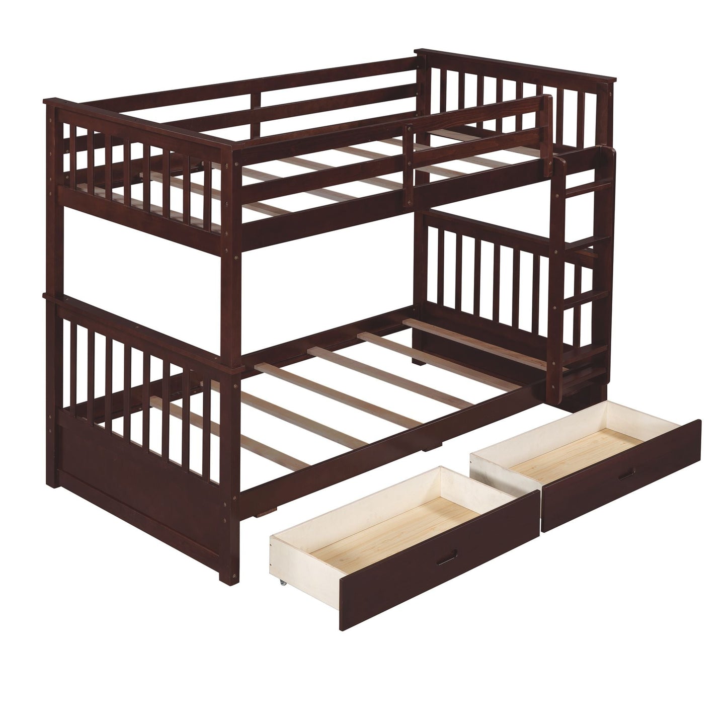 Storage-Enhanced Twin Over Twin Wood Bunk Bed with Ladders, Two Drawers, White | Just Better Bunk Beds