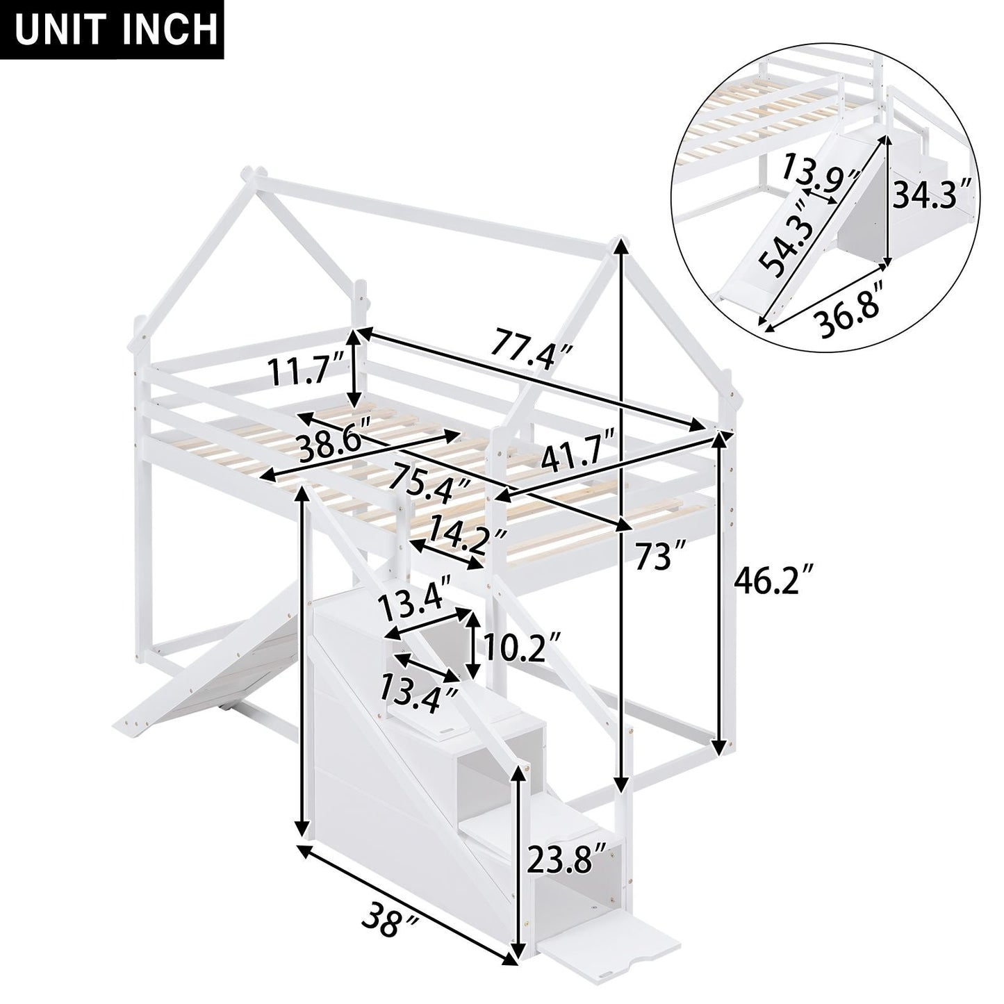 Kids Bedroom Twin Over Twin Wood House Loft Bed with Slide and Staircase, White | Just Better Bunk Beds