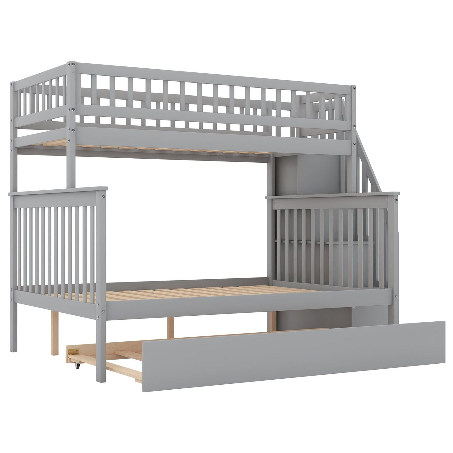 Staircase Storage Twin Over Full Wood Bunk Bed with Trundle, Gray | Just Better Bunk Beds