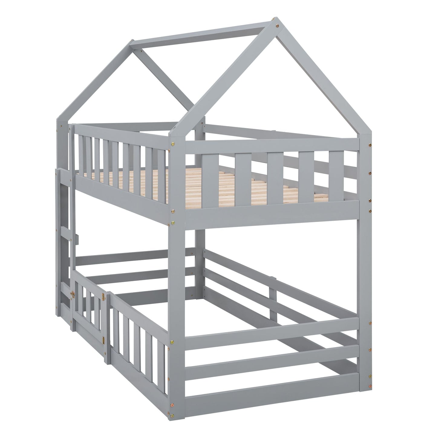 Kids Bedroom Twin Over Twin Wood House Bunk Bed with Fence and Door, Gray | Just Better Bunk Beds